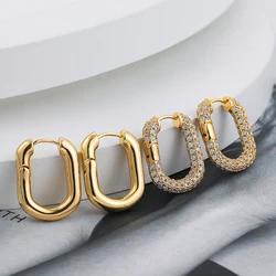 14k Gold Plated U Shape Geometric Hoop Earrings for Women Cubic Zirconia Circle Square Ear Buckle Huggies CZ Crystal Jewelry