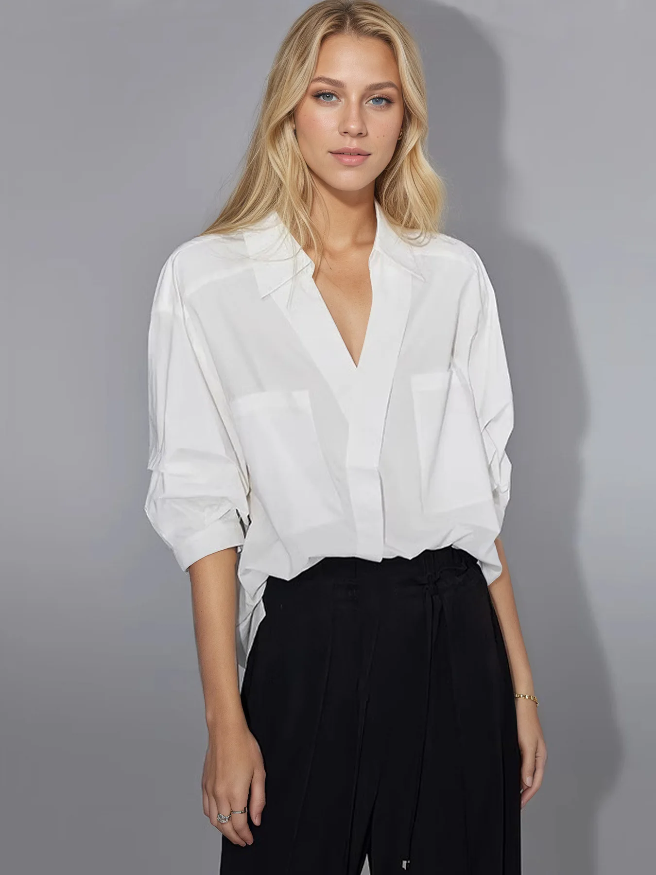 Women White Oversized Shirt Lapel V Neck Half Sleeve Blouse with Double Chest Pockets Loose Back Split Casual Office Top
