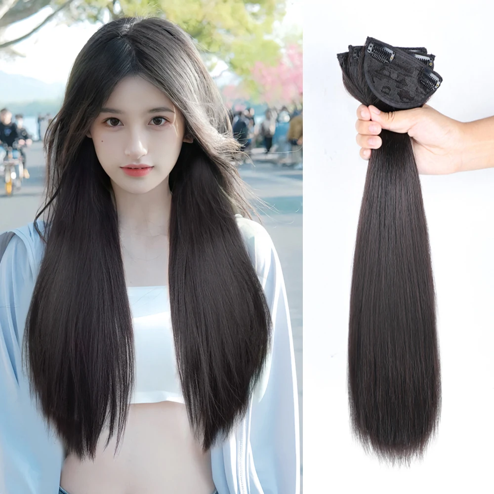 Clip in Hair Extensions Synthetic Long Straight Hairpieces for  Asian Women Black Synthetic Fiber Hair Extension for Daily Use