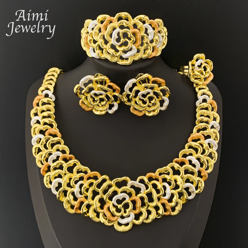 Unique Flower Shaped Original Design Jewelry Set Women Chunky Choker Necklace Earring Bracelet Ring Bridal Wedding Party Gifts
