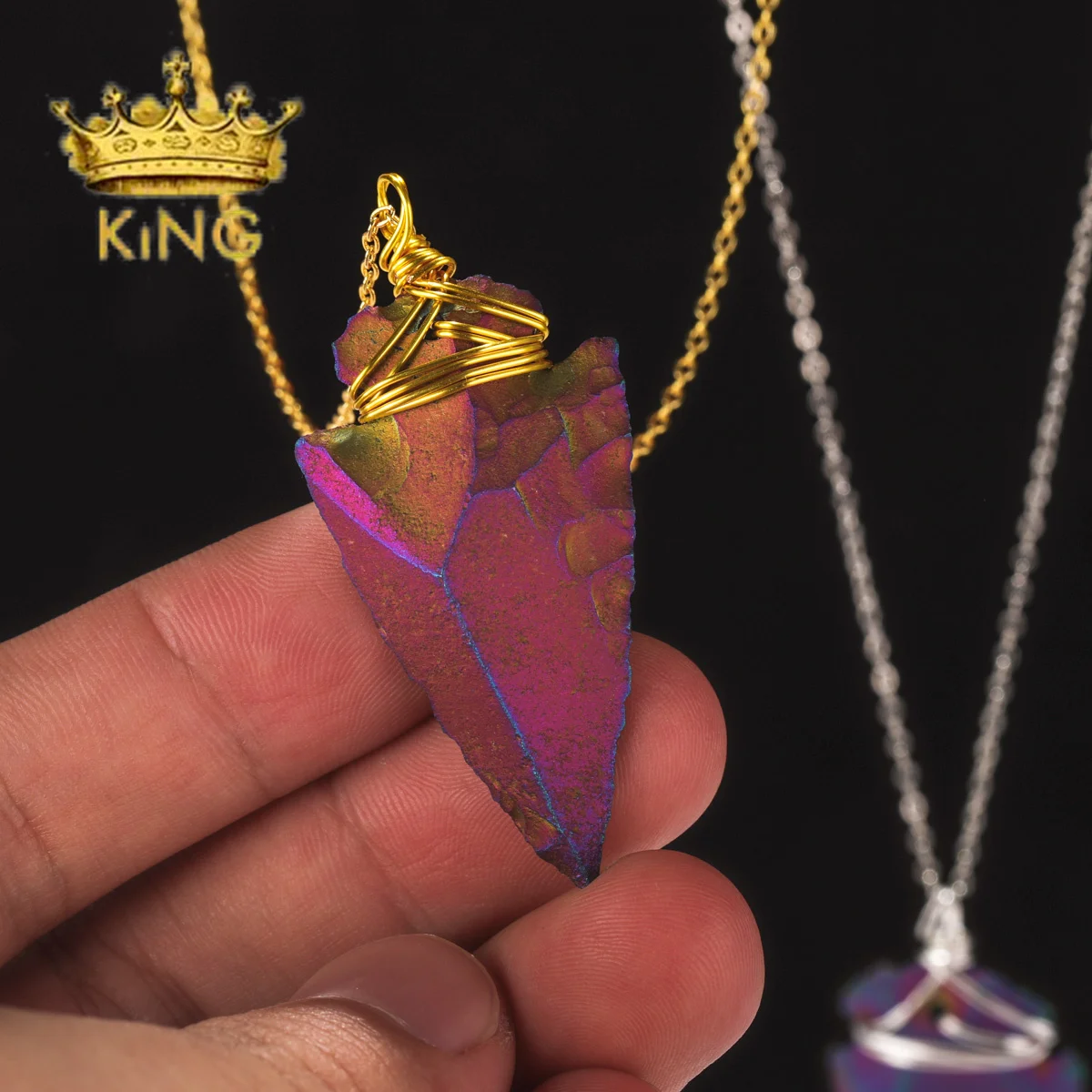 Natural Agate Titanium Color Stone Arrow Pendant Necklace with Silver/Gold Wire Wrapped Handmade Jewelry image 5