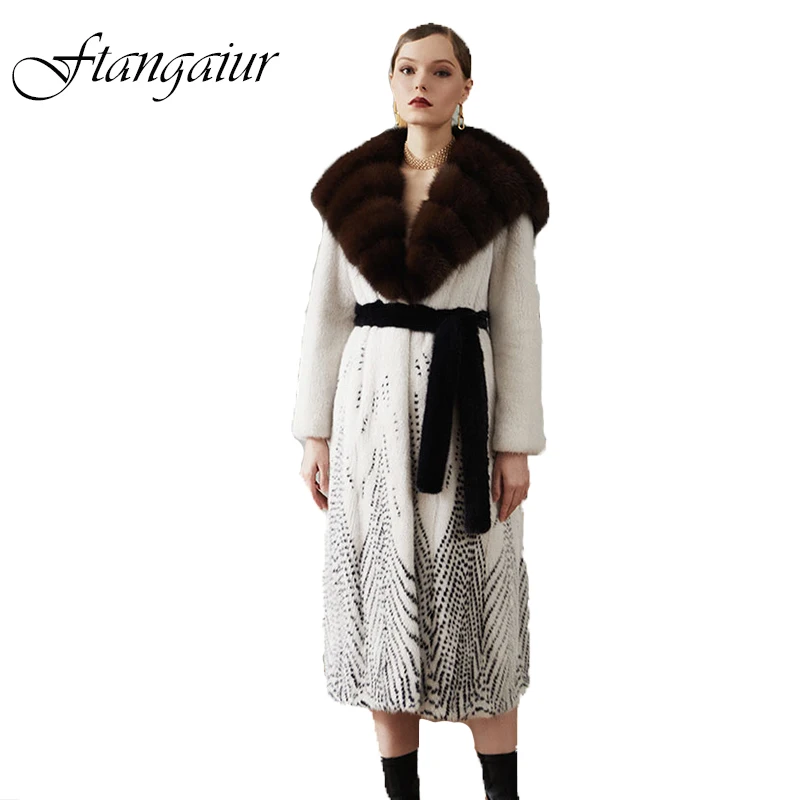 Ftangaiur Winter Import Purple Standard Velvet Mink Fur Coat Women With Fur Hood With Sashes X-Long Natural Real Mink Fur Coats