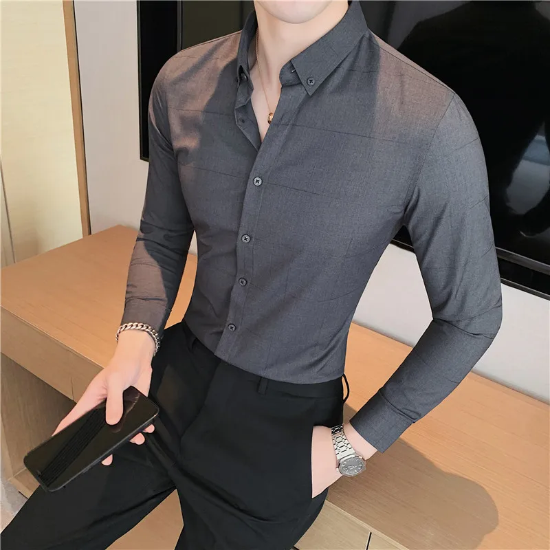 Formal Long Sleeve Shirts Men Plaid Shirt Non-iron Camisa Slim Fit Business Gray Blouse Designer Vintage Clothes Dress Shirts