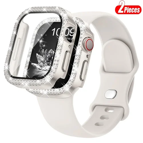 Imagen 2 del producto Bling Glass + cubierta + correa para correas de reloj Apple 45mm 41mm 44mm 40mm pulsera parachoques de diamante + Protector de pantalla serie 9 8 7 6 5 4 SE