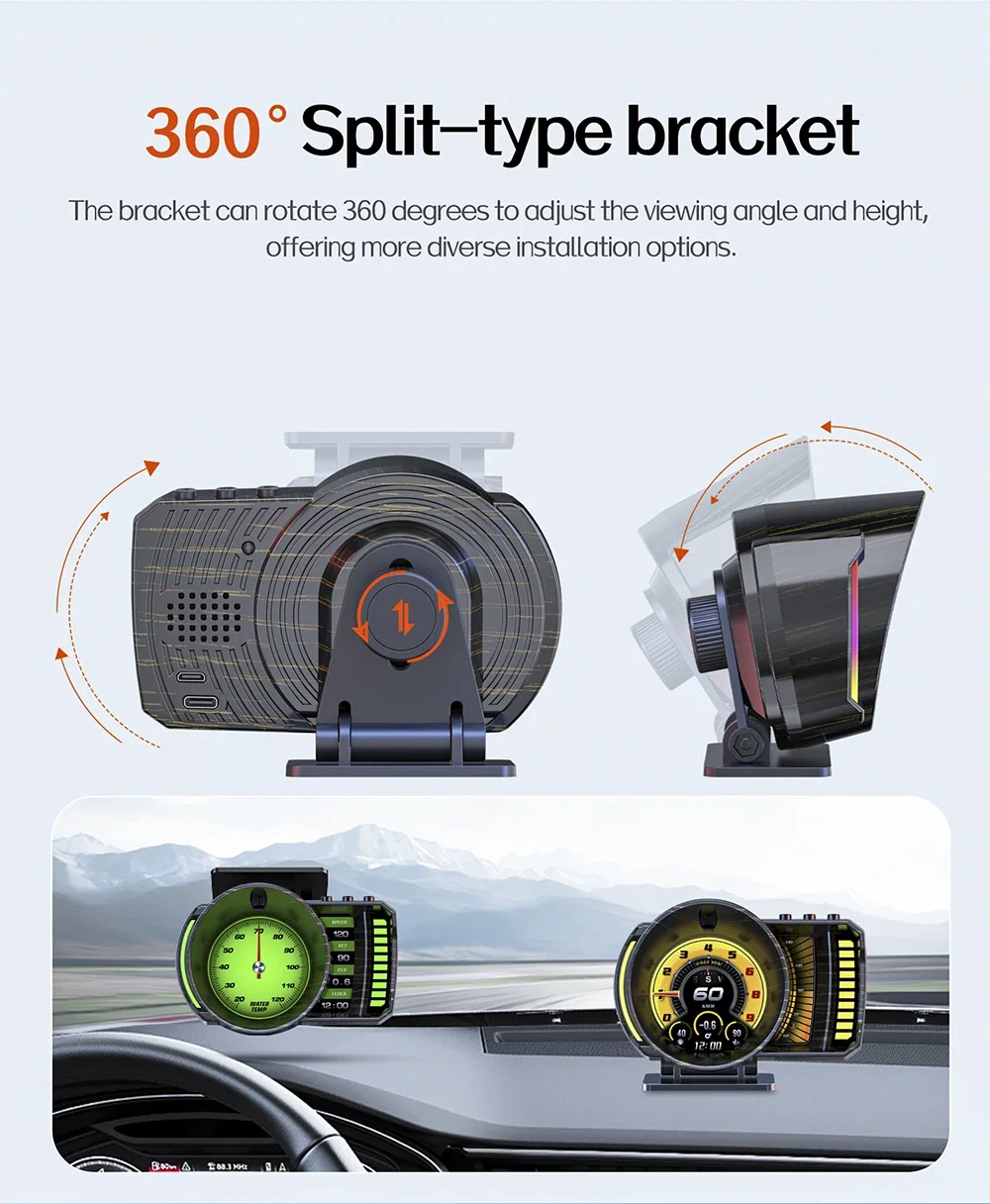 LCD Meter P28 Car HUD OBD2+GPS Head Up Display Speedometer RPM Time Mileage Odometer Water Oil Temp Press Air Fuel Ratio Alarm