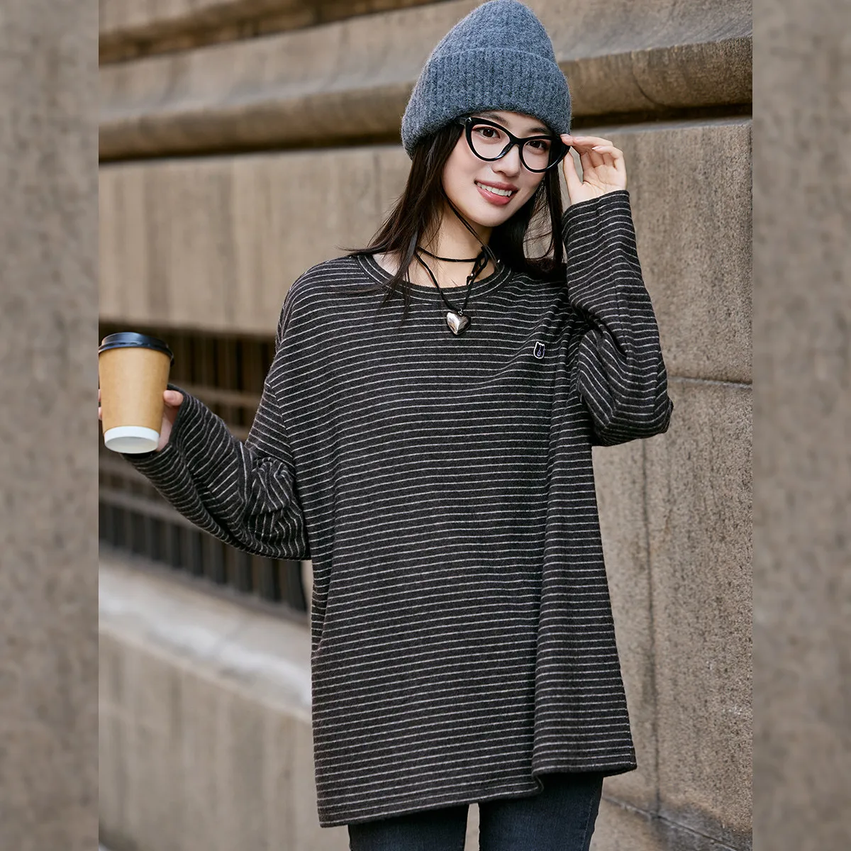 LOUIS YAO Dark Gray Striped Knitted Long-Sleeve Top 2025 Autumn & Winter Casual Stylish Lazy Vibe Loose-Fit Women's T-Shirt