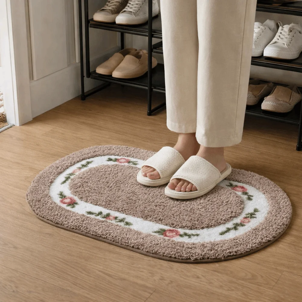 Practical Fluffy Rose Pattern Door Mat Absorbent Pastoral Style Bath Mat Thickened Nonslip Carpet Living Room 4