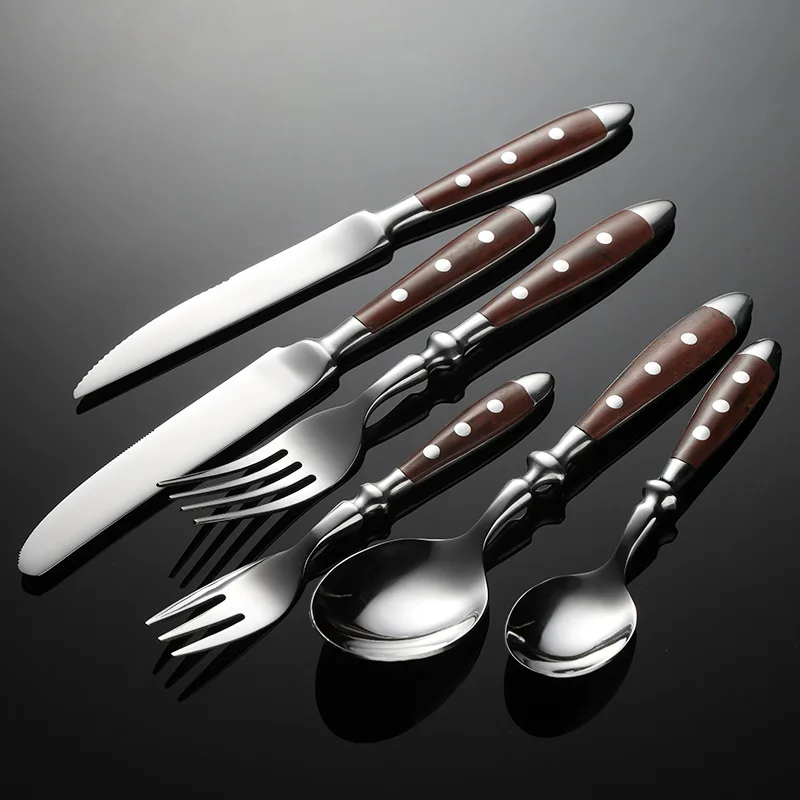 Western Brown 430 Stainless Steel Cutlery Set Rivet Wooden Handle Steak Knife Dining Fork Spoon Dinnerware Set Kitchen Utensils