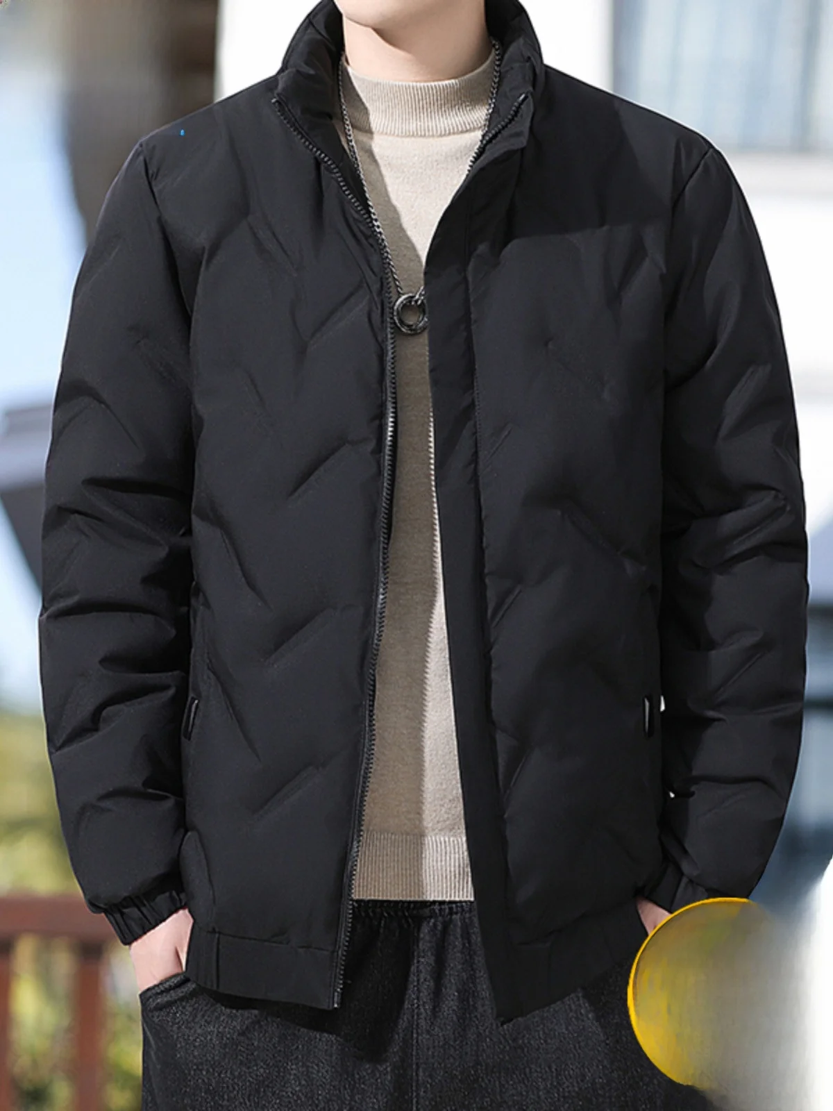 

Paul Winter Thiened Men's down Jaet Faionable Slim Fit Warm Outerwear Youthful All-Match Sli Pure Color Casual Coat