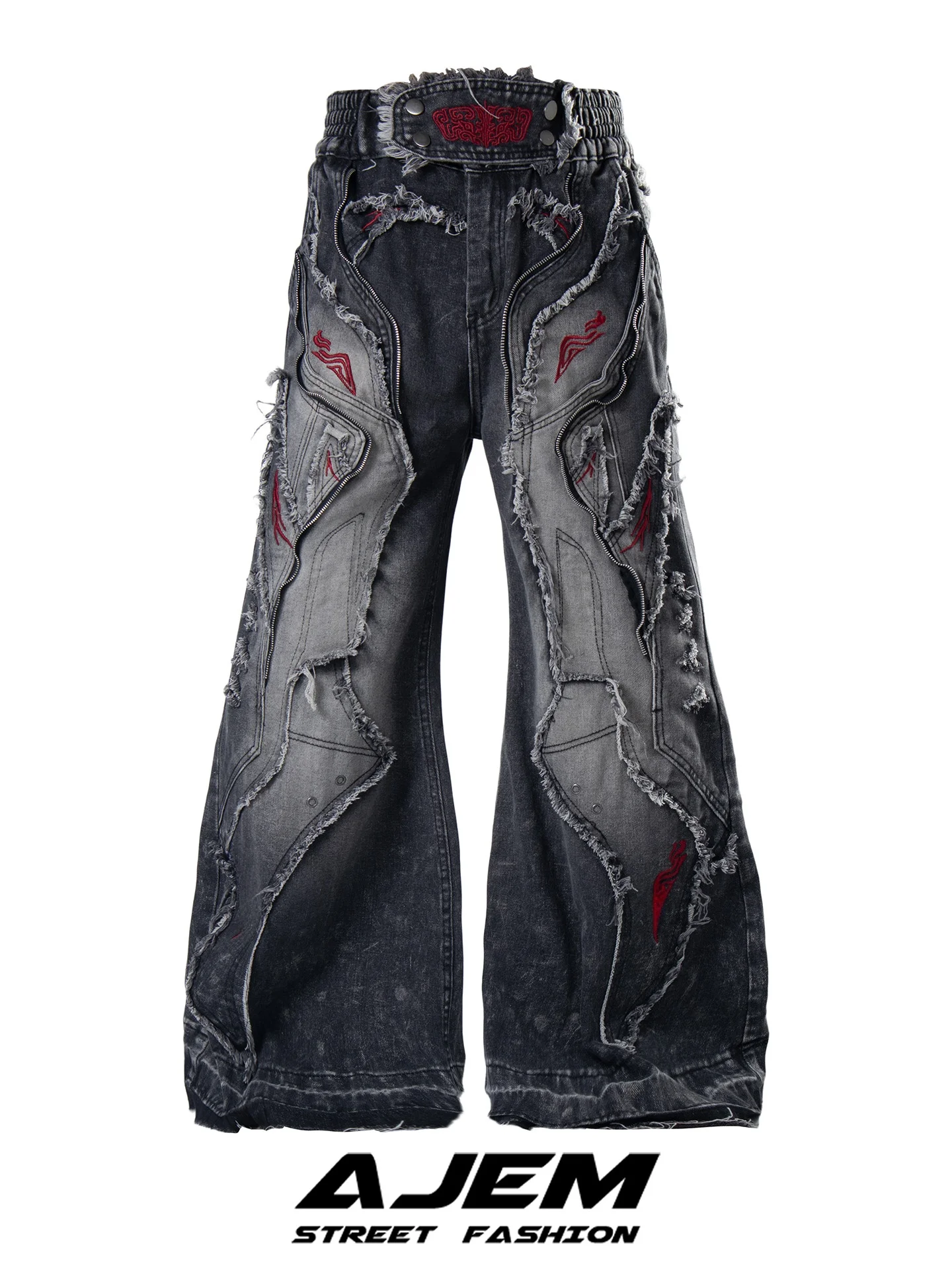 AJEM American Style Super Heavyweight Totem Embroidered Denim Jeans Street Cool Loose Wide Leg Long Trousers for Men And Women