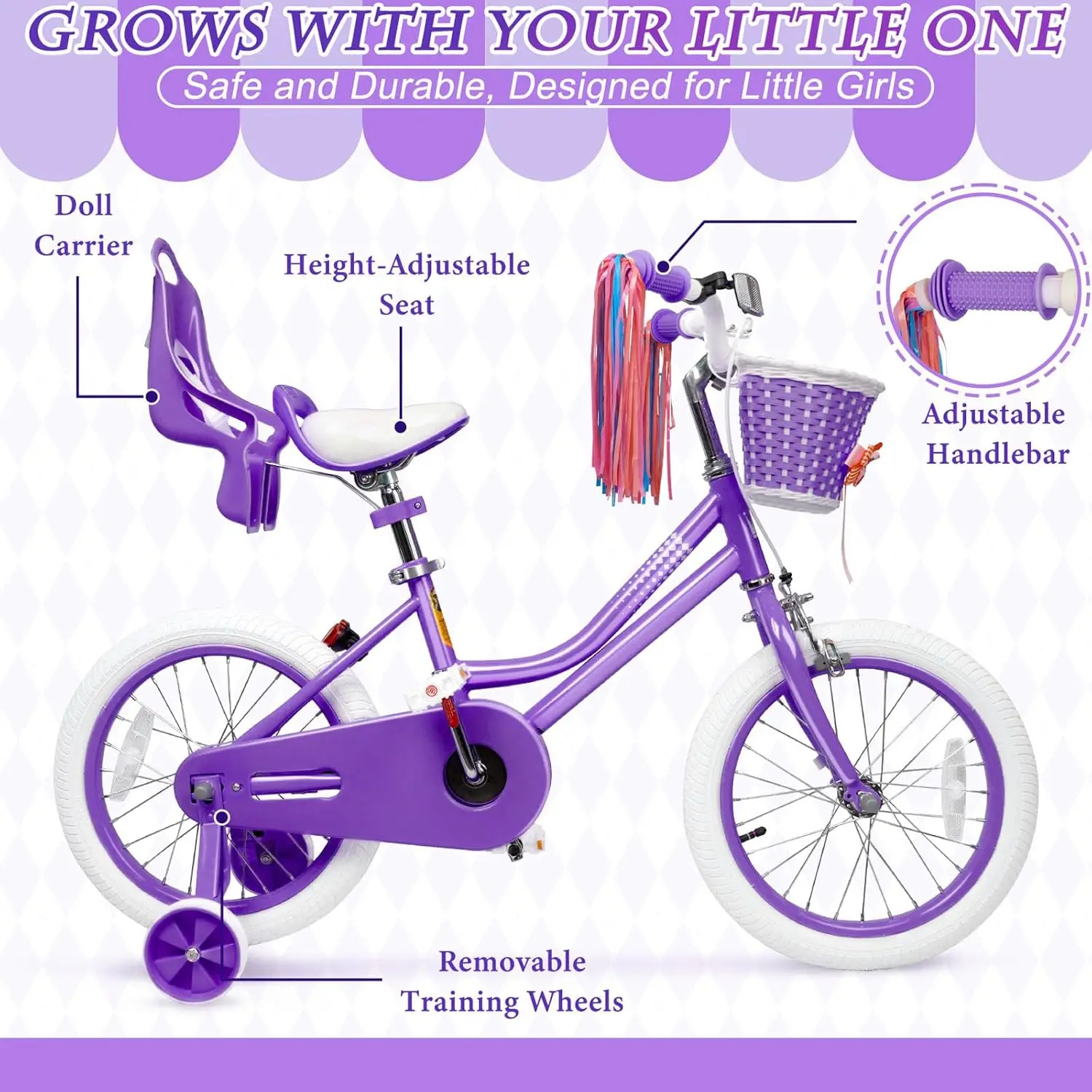 Meisjesfiets Voor 2-12 Jaar Oud Peuters En Kinderen, 16 Inch Kinderfiets Met Mand En Bel Zijwieltjes, Verstelbare Zee