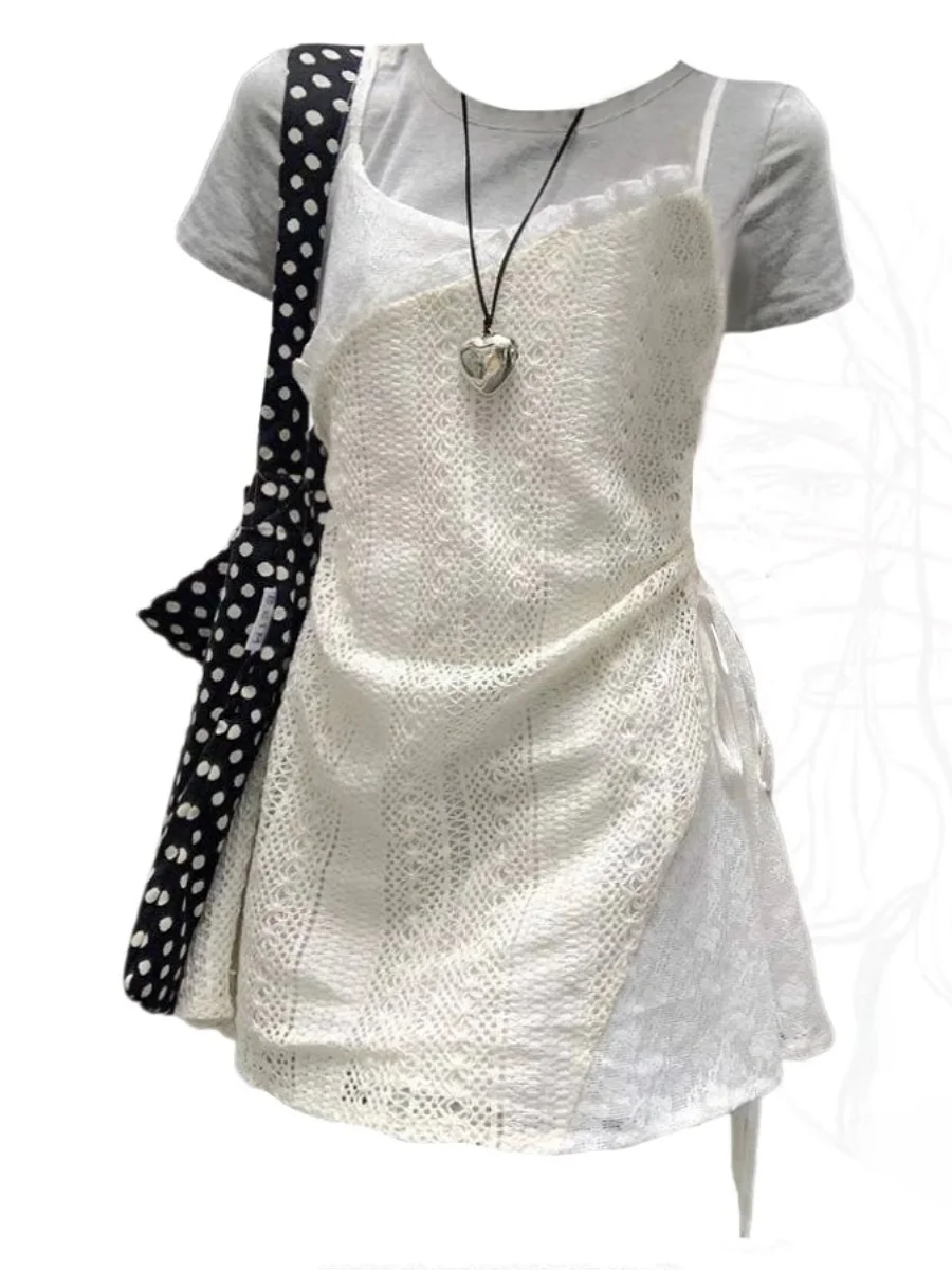 

plus Size Lace Trim Csole ort Skirt And ey Basic T-irt Two-Piece Set Faionable Layering Outerwear Ensemble