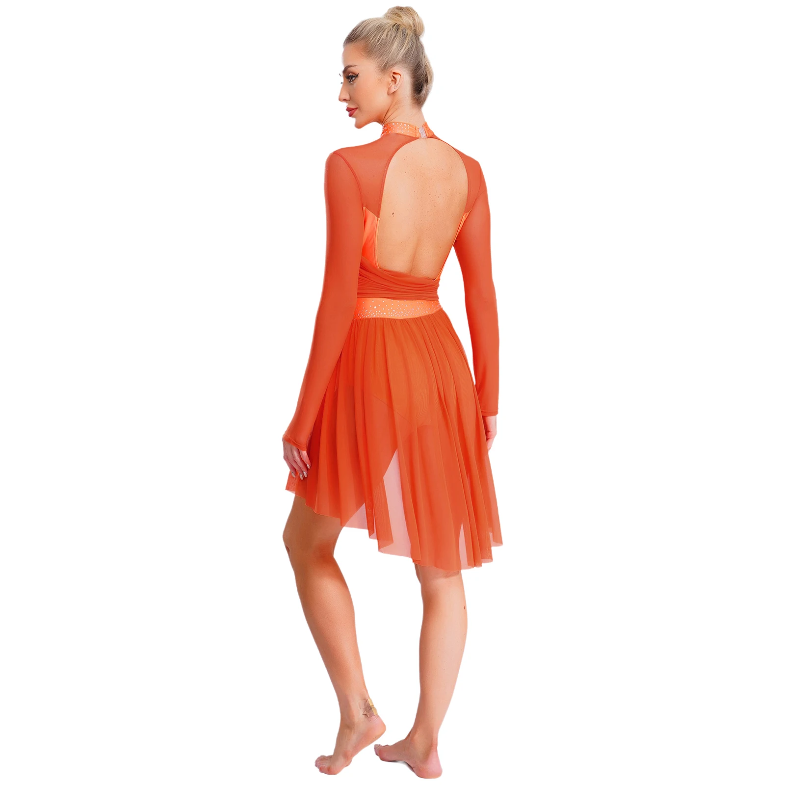 Vestido feminino de balé, dança lírica, brilhante, strass, manga comprida, franzido, costas nuas, collant, trajes de dança contemporânea