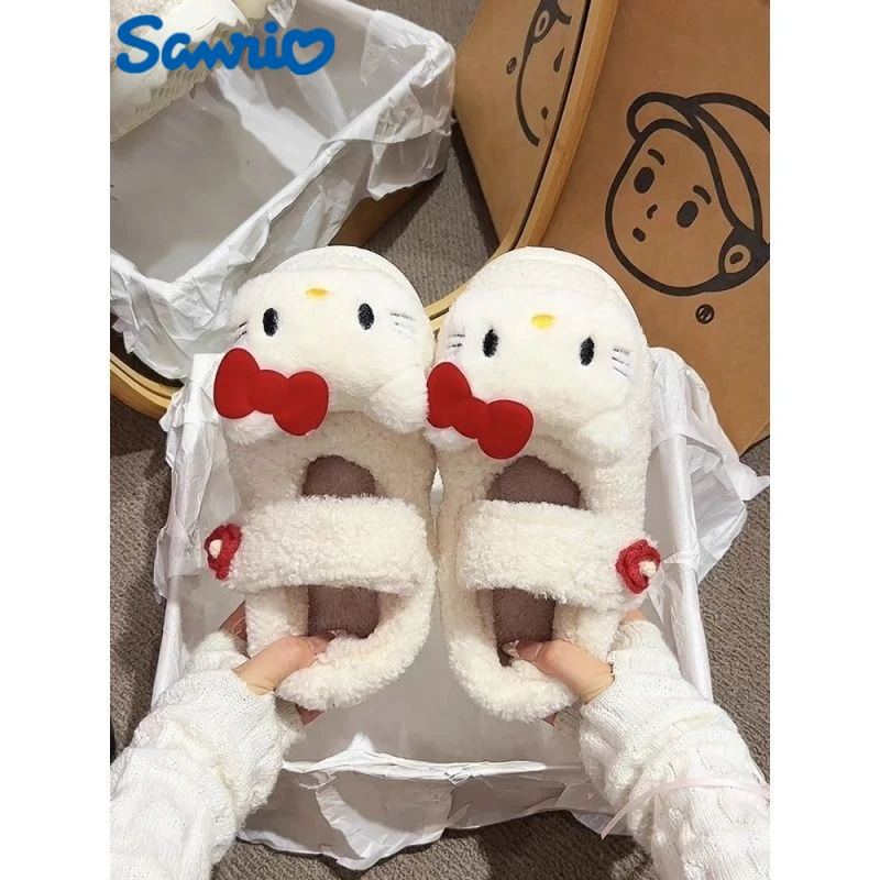 

Тапочки Hello Kitty, тапочки Kitty, женская уличная одежда, осенне-зимние новые домашние нескользящие хлопковые тапочки на плоской подошве с героями мультфильмов Thi Bot