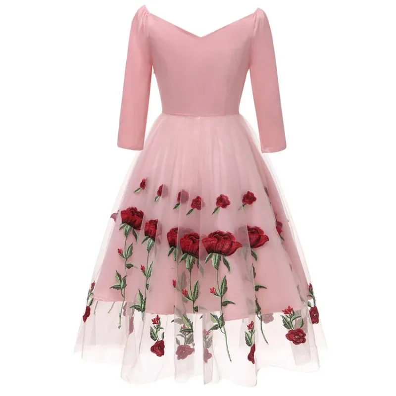 New Retro Elegant Rose Embroidery Party Dresses Women Vintage 50s Mexican Ethnic Floral Boho Midi Off Shoulder Evening Vestidos