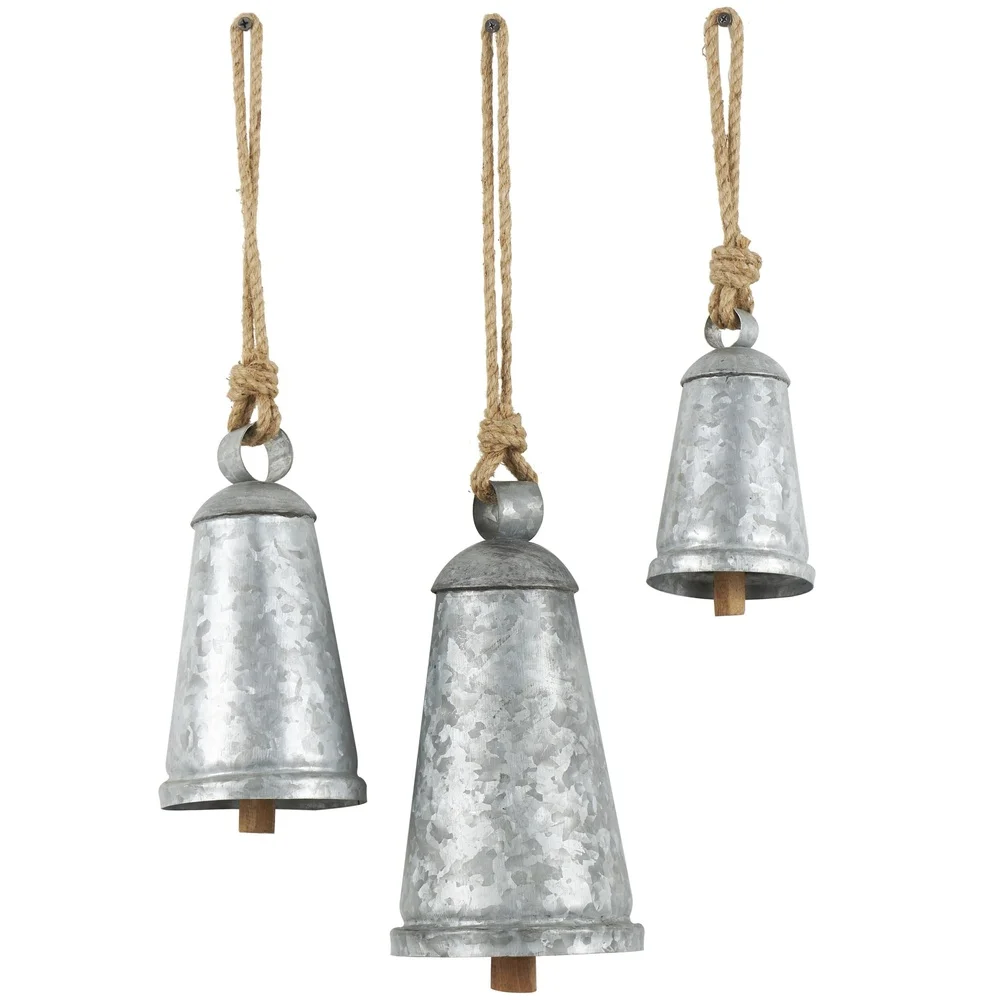 Tibetan Inspired Silver Narrow Cone Cow Bells Set of 3 Decorative Bells with Jute Rope Home Decor Indoor Outdoor Use