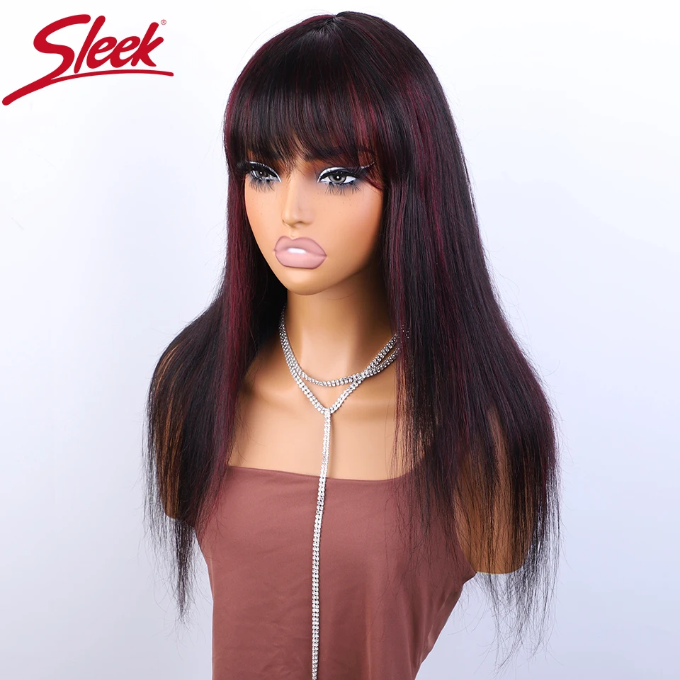 Sleek F1b/99j Red Colored Human Hair Wigs For Women 22 Inch Straight Brazilian Hair Wigs With Bangs 100% Real Ready To Wear Wigs