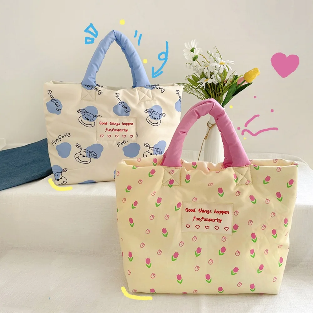 Printed Cartoon Dog Cotton Padded Tote Bag Flower Tulips Mommy Quilte Handbag Korean Style Portable Flower Shoulder Bag Women