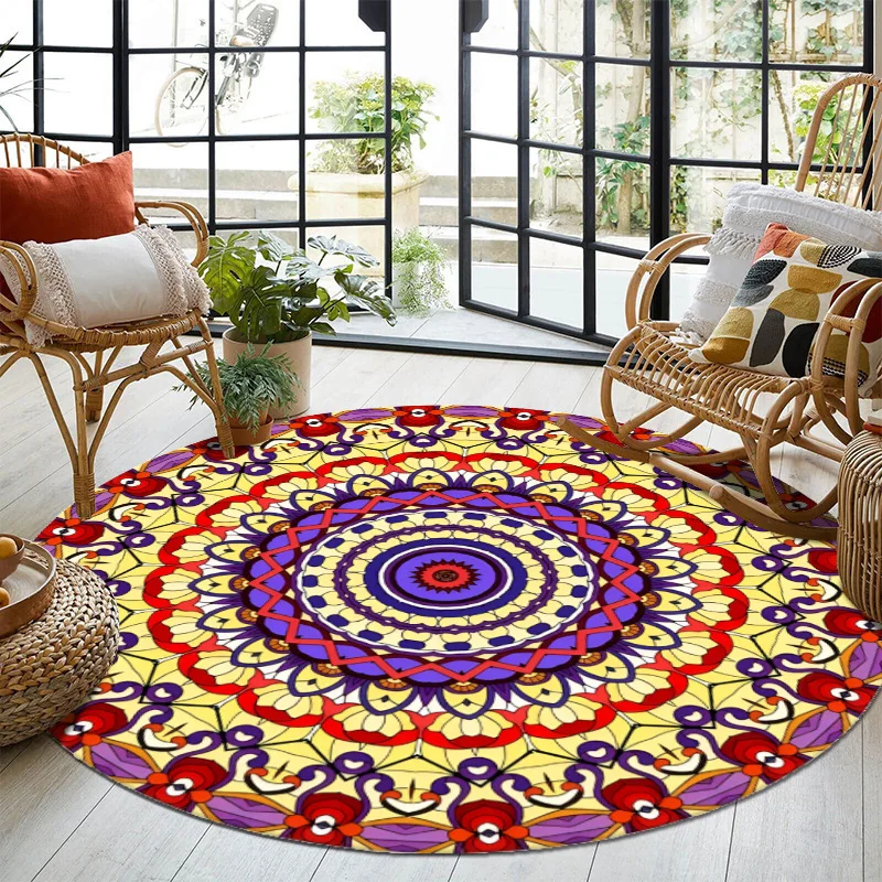Boho Round Rug – Geometric Floral Anti-Slip Mat for Living Room, Lounge & Office Ethnic Home Decor
