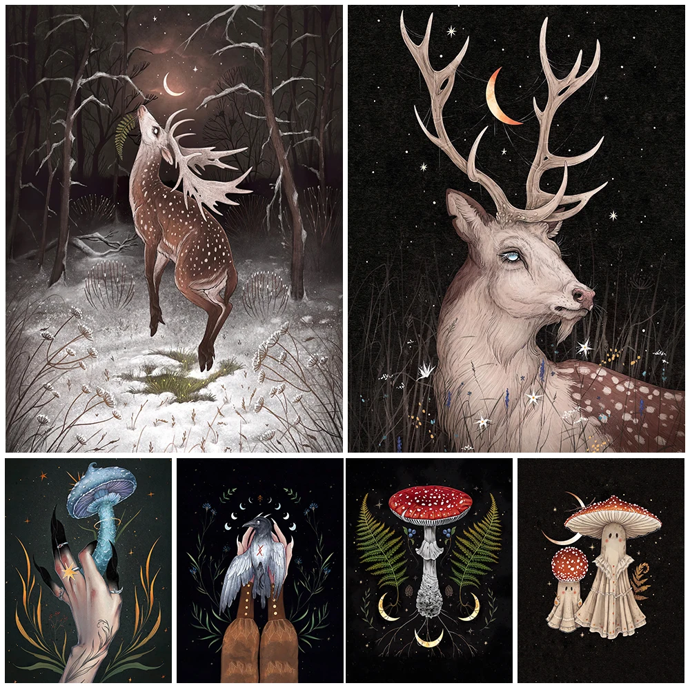 

Mushroom Elves And New Moon Vintag Wall Art Canvas Painting Deer,Owl,Double Headed Snake Art Poster Print Home Decor Unframed