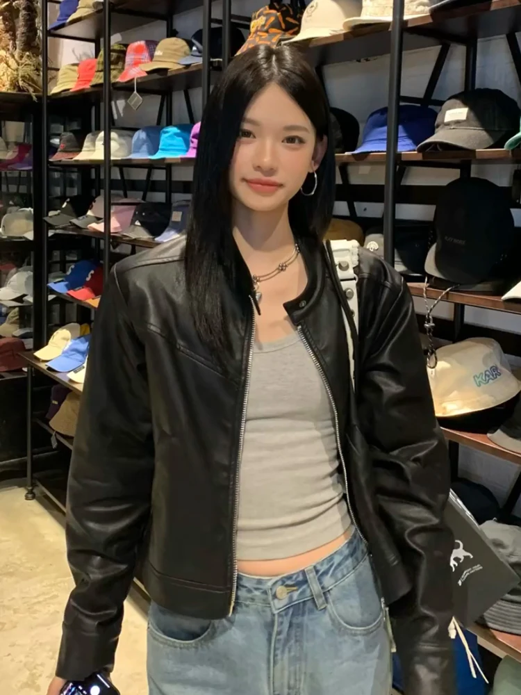 

Корейская модная черная кожаная короткая куртка с отложным воротником в мотоциклетном стиле для женщин, высококачественное однобортное повседневное пальто Wh58