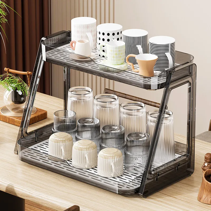 Two-Tier Desktop Cup Storage Rack Double Layer Draining Tray Household Holder for Water Cups Teacups Dining Table