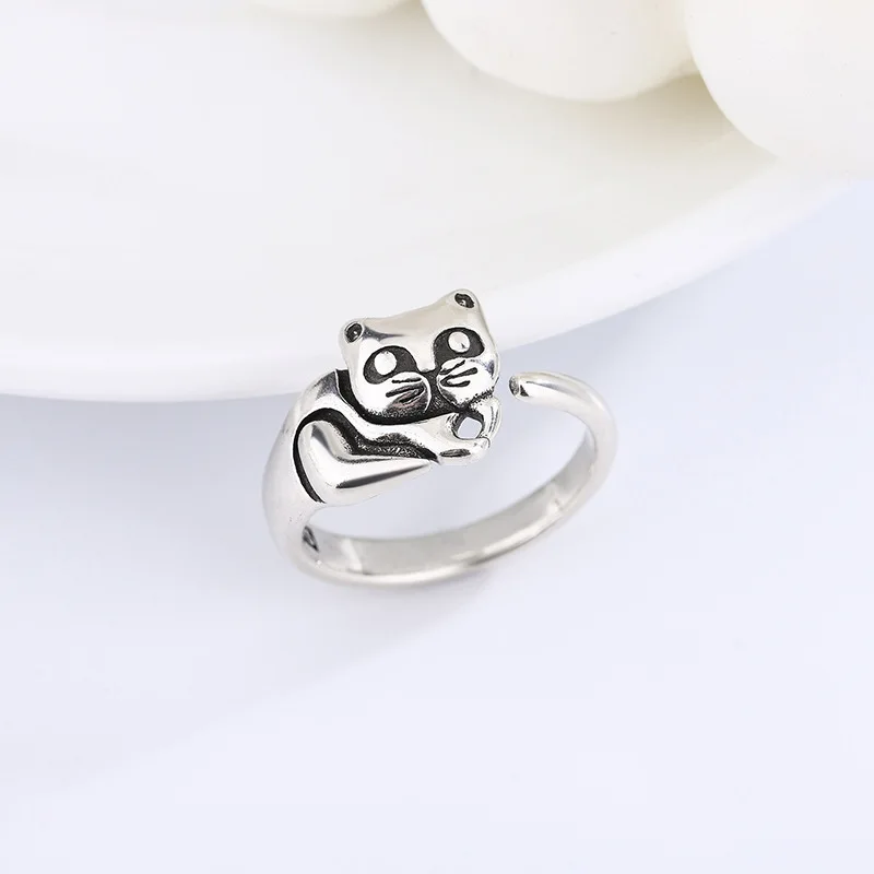 New Retro Sweet Lazy Cute Cat 925 Sterling Silver Personality Exquisite Animal Popular Opening Rings R259