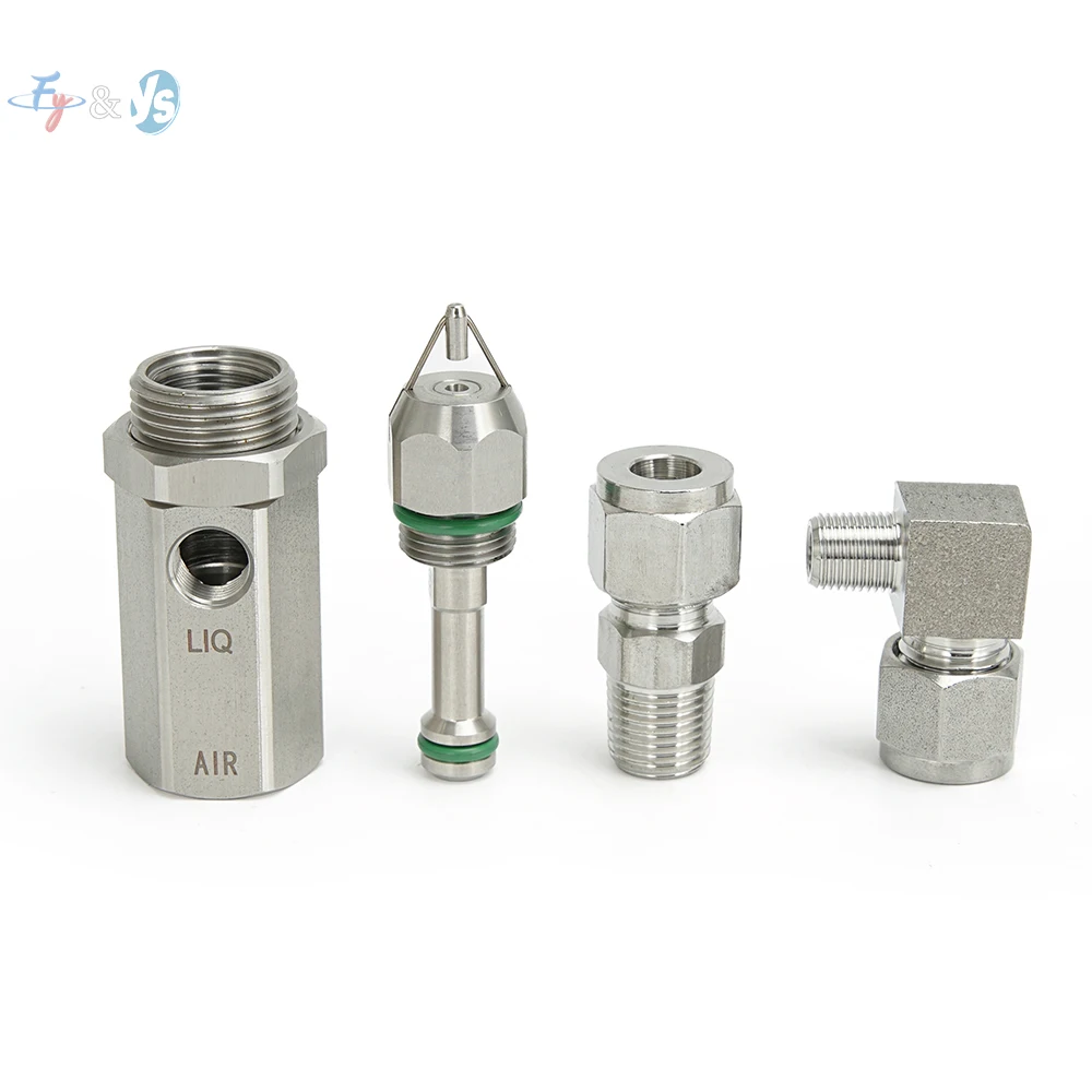 Stainless Steel Air Atomizing Nozzle with Connecter – Ultrasonic Dry Fog, 30°/60°/80° Spray Angles for Industrial Dust Removal