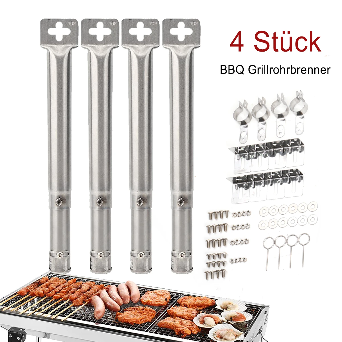 Set di 4 Tubi Universali Regolabili in Acciaio Inox per Barbecue, Accessori per Campeggio, Ricambi per Griglia a Gas da Interno ed Esterno