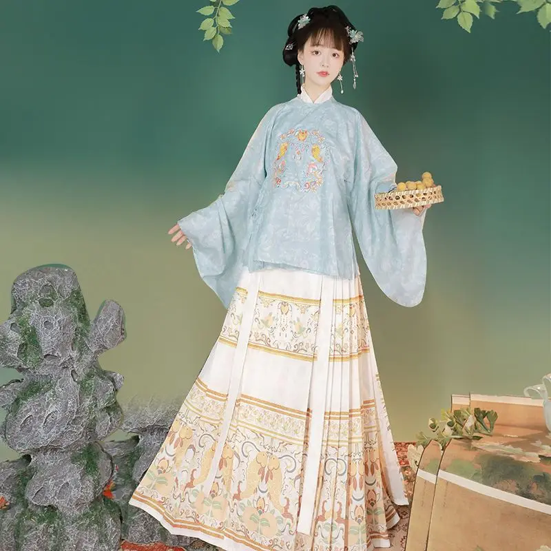 

Ming Dynasty Square Collar PiPa Sleeve Horse Face Skirt Original Fairy Chinese Hanfu Daily Autumn Fashion Women Hanfu