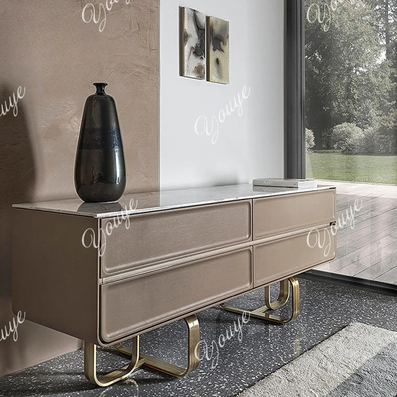 

Italian solid wood TV cabinet marble countertop audio-visual cabinet stainless steel floor metal decorative cabinet