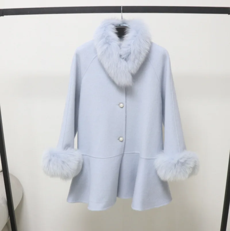 

Women's Autumn Winter Elegant O Neck With Fox Fur Scarf Long Sleeve Wool Coat Lady Streetwear Fox Fur Cuffs Loose Wool Outwear
