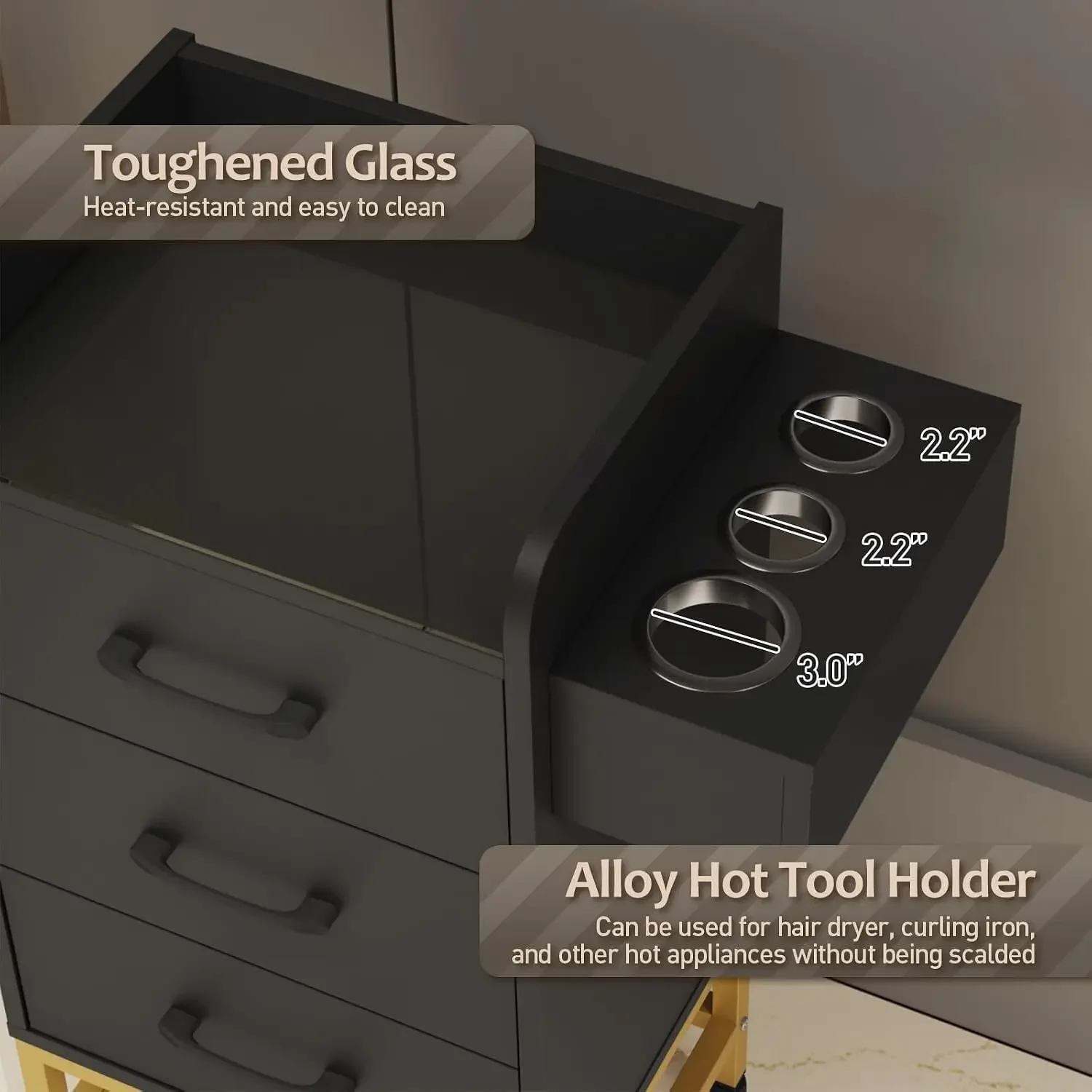 Salon Trolley Cart with Toughened Glass Top, Rolling Barber Station w/ 4 Wheels (2 Lockable), 3 Drawers, 3 Hot Tool Holders & To