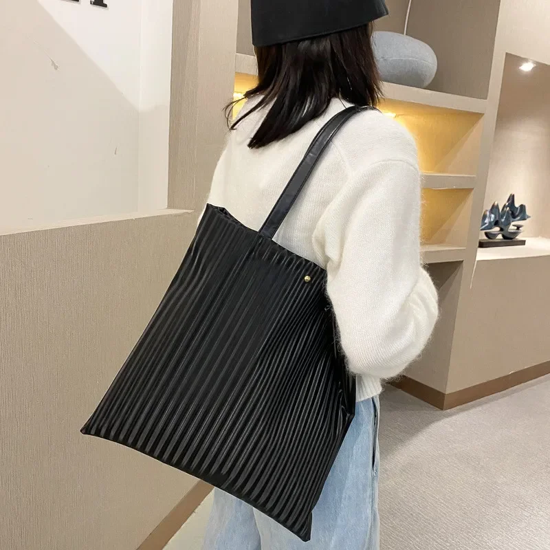 Women Bag PU Handbags for Female Shoulder Bags Large Capacity Tote Bas Solid Color Striped Travel Bags Ladies Shopper Bag