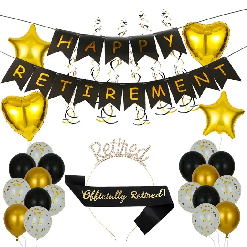 Black Gold Swallowtail Letters Retirement Flag Balloon Headband Decoration HAPPY RETIREMENT Party Supplies Girls Accessories New