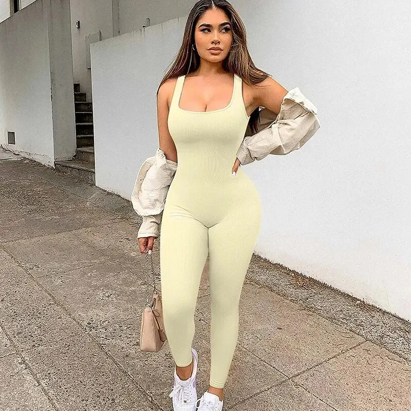 Women Yoga Ribbed One Piece Tank Tops Rompers Sleeveless Exercise Jumpsuits