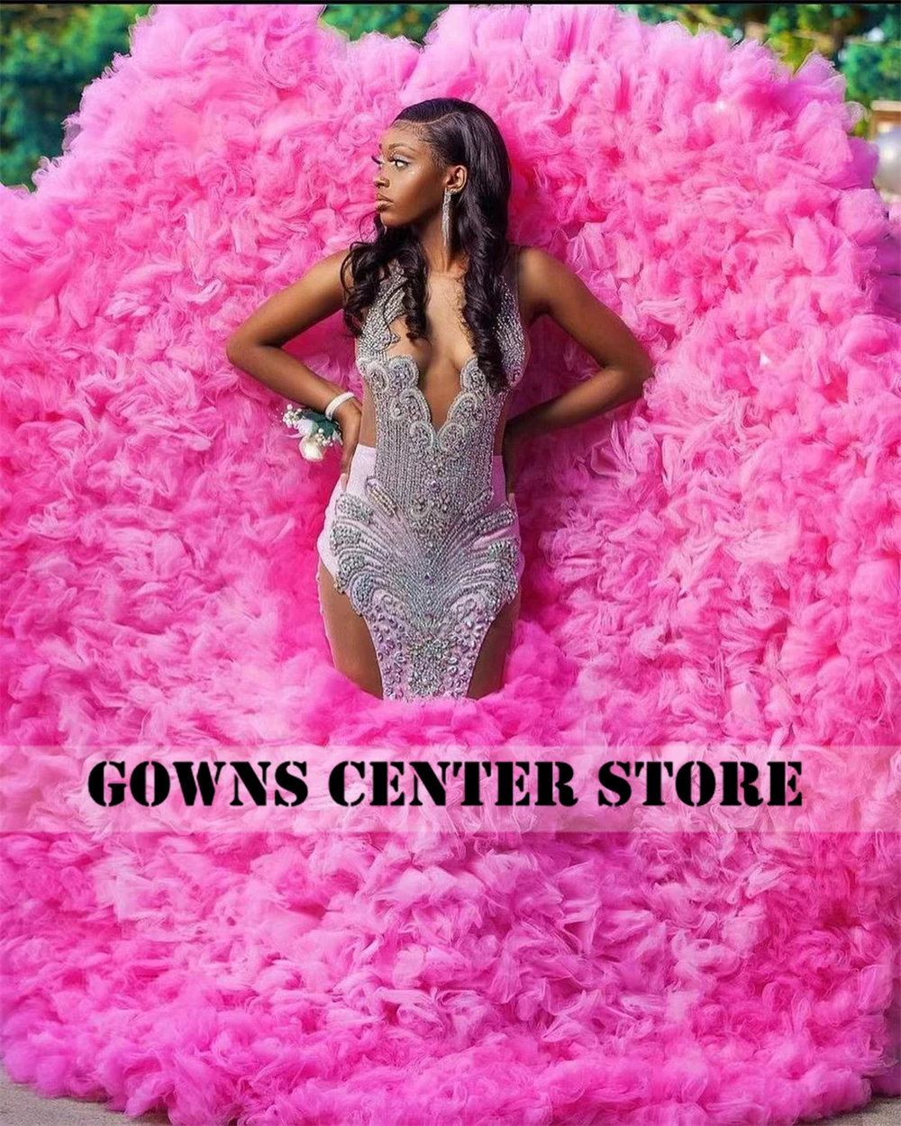 Amazing Pink Tulle Long Train Rainstones Prom Dresses Black Women Mermaid Elegant Dress For Wedding Party Gowns Customized