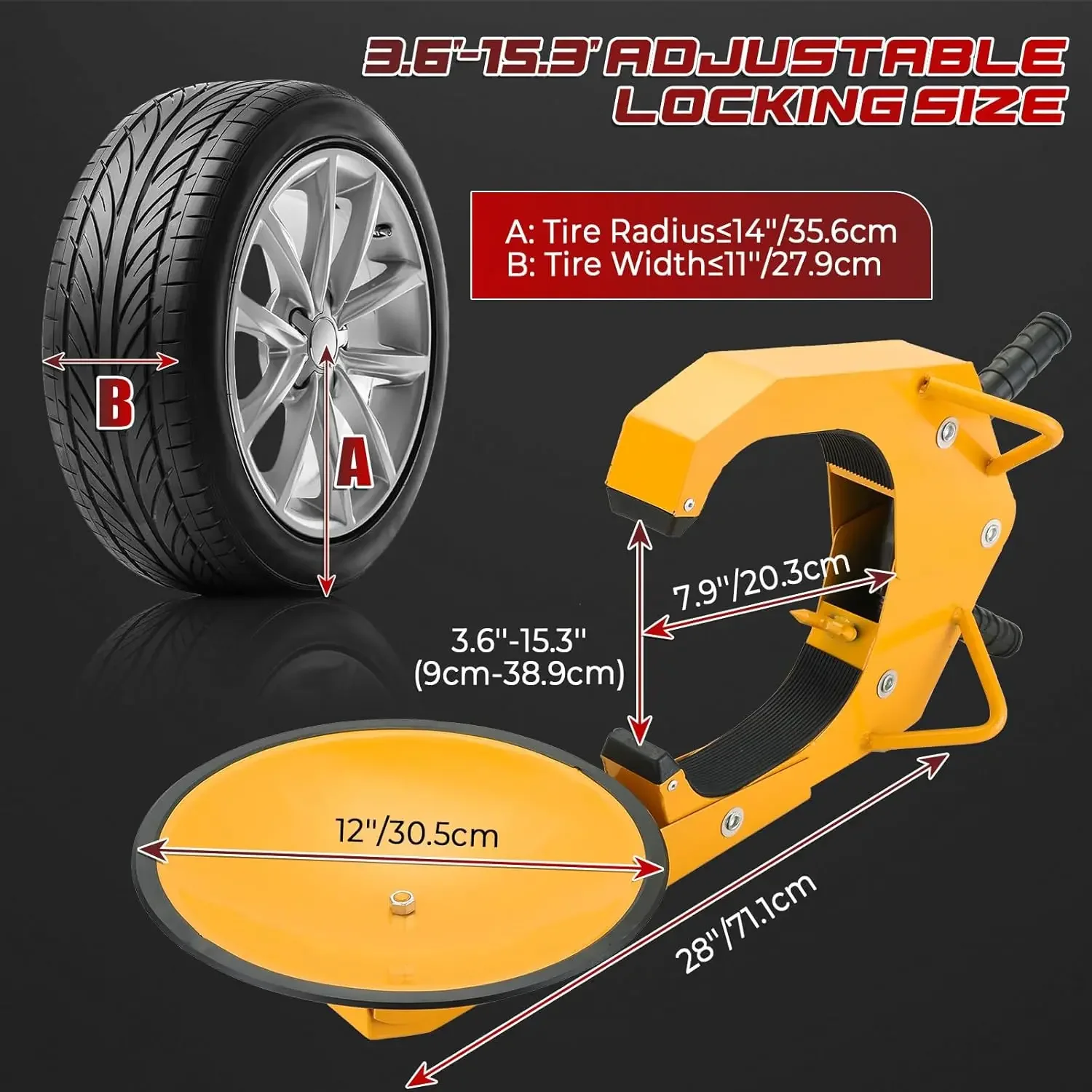 Heavy Duty Adjustable Car Tire Boot Lock Anti Theft Universal Trailer Wheel Lock for Cars Trucks RVs Trailers Security Device