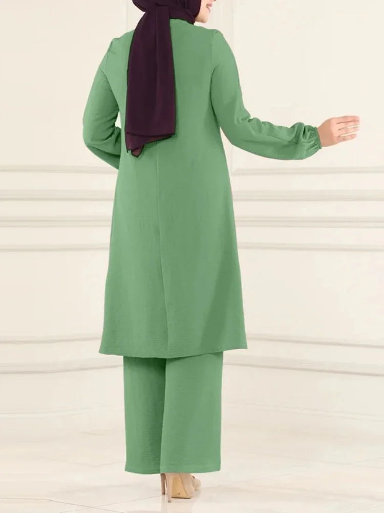 Casual Muslim Dress for Women Blouse 2 Piece Set Long Sleeve Shirt Wide Leg Pant Suits Saudi Arabic Dubai Dresses Autumn 2023