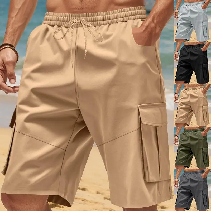 Summer Casual Pure Color Workwear Shorts with Drawstring Elastic Waist And Multiple Pockets Men's Straight Leg Five-Quarter P...