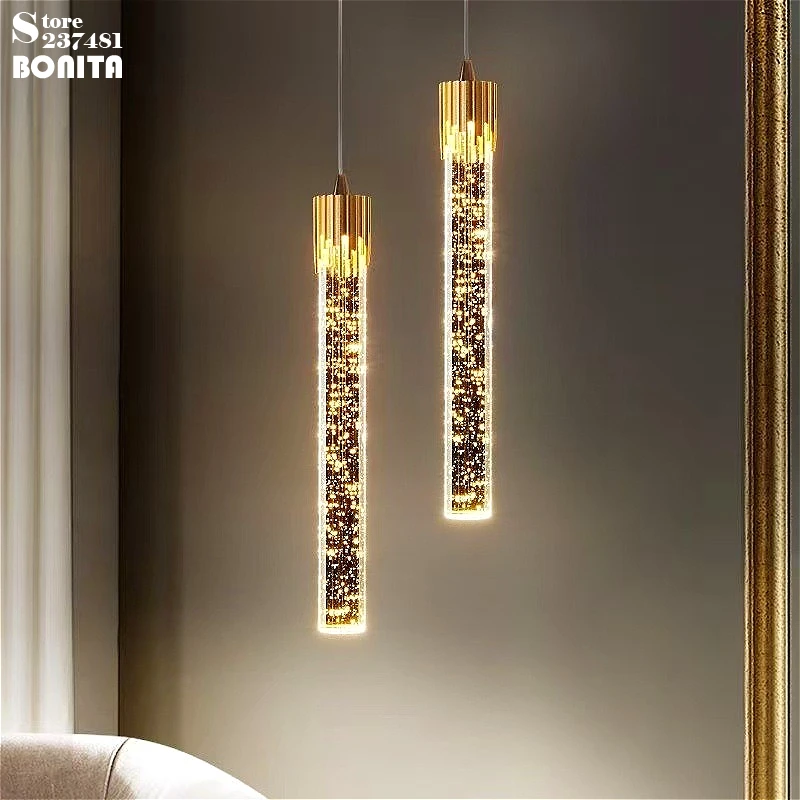 Glam Crystal Pendant Light, Bubble Crystal Column Chandelier with Dazzling Prisms, Bedroom Bathroom Bar Cafe Minimalist Lighting