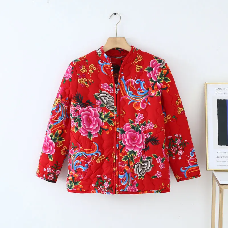 Plus size Chinese Style Cotton-padded Zipper Coat Northeast Big Flower Thick parkas Old-fashioned peony Jackets national clothes