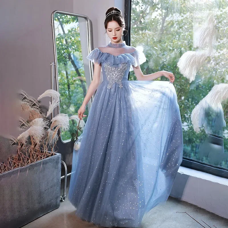 It's Yiiya Customized Evening Dress Blue Tulle Ruffles Appliques Beads Floor-Length A-Line Plus size Woman Formal Party Gowns