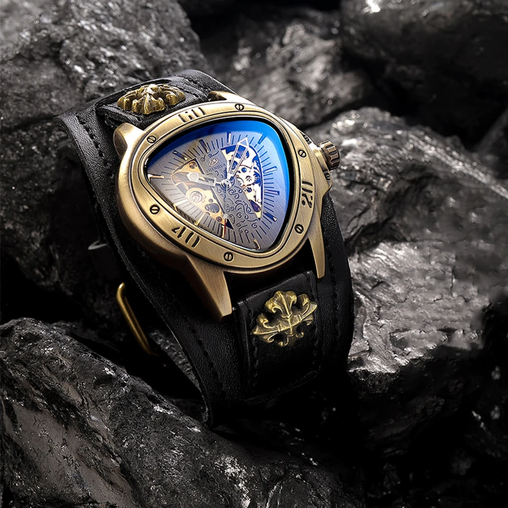 New Personalized Fashion Triangle Hollow Men\'s Mechanical Watch Night Light Leisure Retro Fully Automatic Mechanical Watch