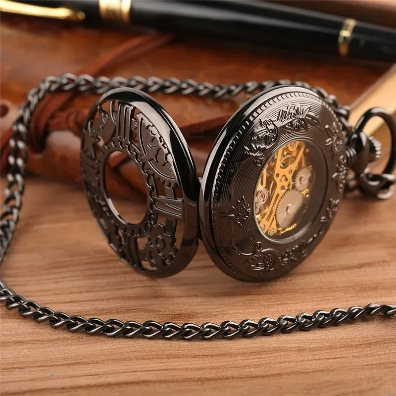 Steampunk الجوف والعتاد حالة الرجال النساء Handwinding الميكانيكية ساعة جيب سلسلة بدلاية الهيكل العظمي ساعة الرقم الروماني نصف هنتر