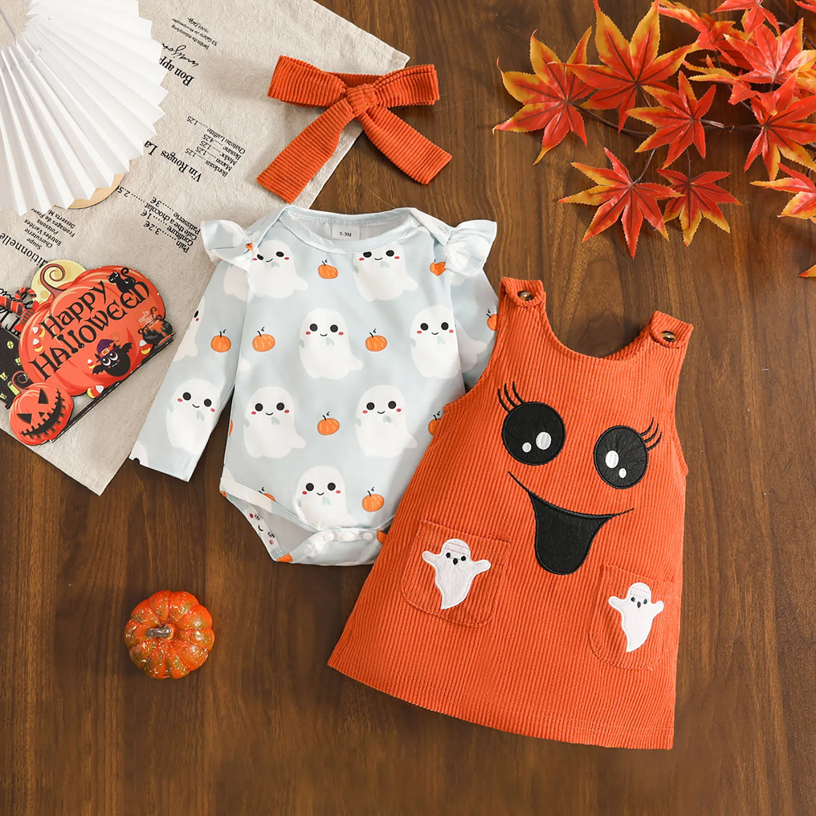 

2025 Halloween Girl Outfits Baby Girls Outfit Pumpkin Ruffle Long Sleeve Romper Overall Dress Kids Festival Hot Selling Apparel
