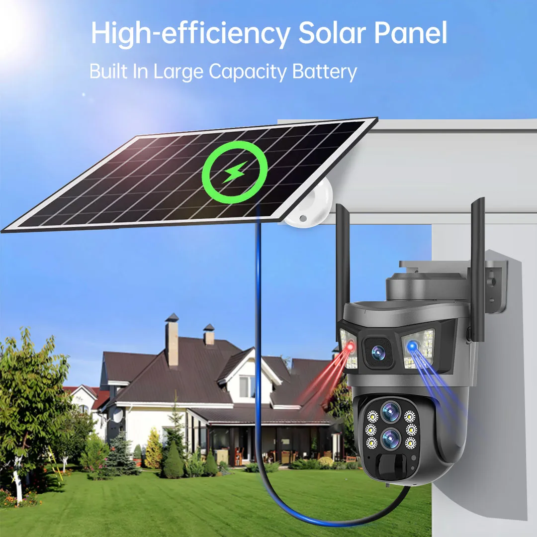 Solar Outdoor Surveillance Camera 10X Zoom 12MP 4G Sim 6K Three Lens Security 360 Human Auto Tracking Surveillance Cam V380 Pro