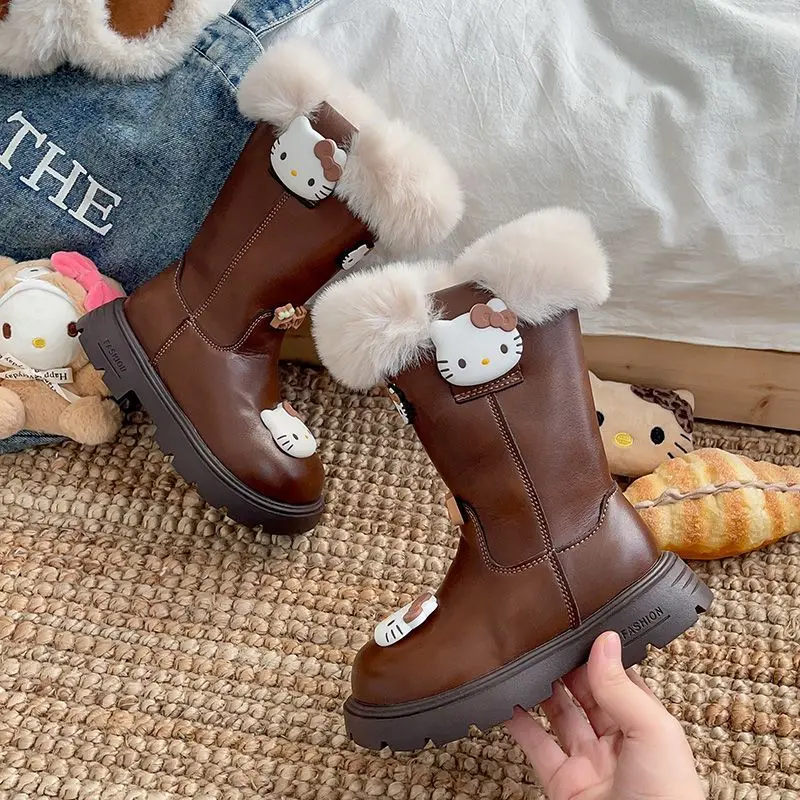 Kawaii سانريو مرحبا كيتي فتاة الكرتون الأحذية الجلدية الشتاء في الهواء الطلق سميكة سوليد أحذية الثلوج مع إضافة الصوف مهرجان هدية