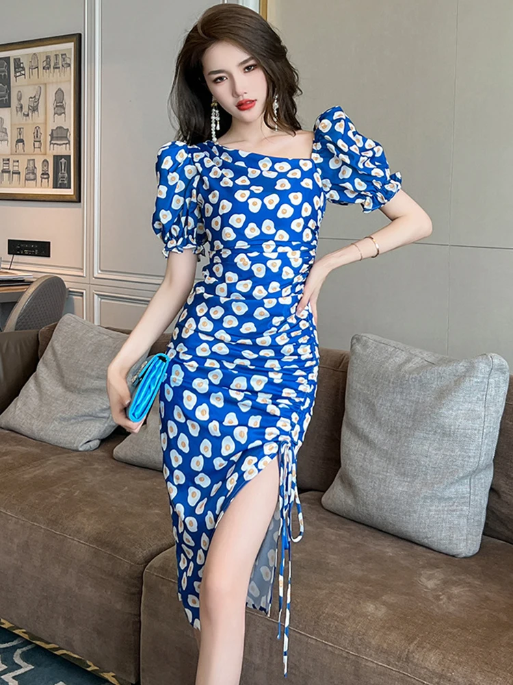 2023 Fashion Chic Style Dress for Women Korean Satin Blue Print Bubble Sleeve Pleated Split Robe Femme Party Prom Vestidos Mujer