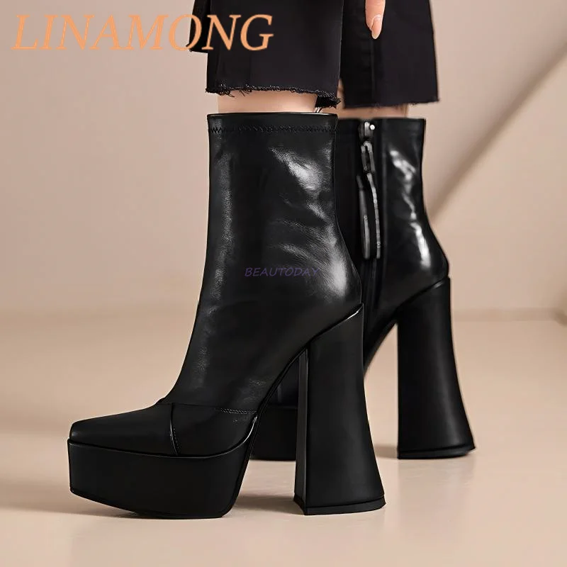 Stivaletti corti con cerniera laterale a punta affilata Tacco spesso Temperamento in pelle lucida Stivaletti corti versatili Stivali con tacco alto con suola spessa